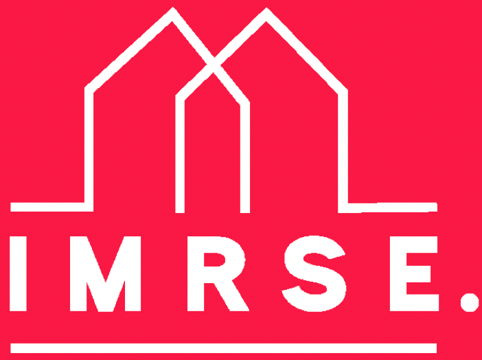 IMRSE's logo (pronounced "immerse"). It is pink with white text and line art. Basic line art of two buildings about the word "IMRSE" in capital letters.